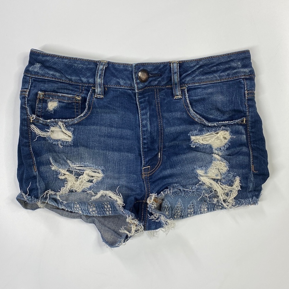 American Eagle Super Stretch Hi- Rise Shortie Denim Distressed Shorts Size 6